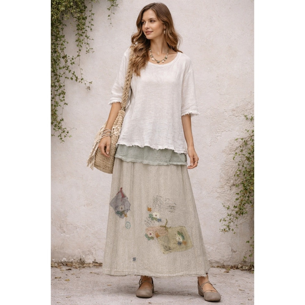 Bread Art To Wear Linen Midi Skirt Womens Beige Boho Lagenlook Cottagecore Flowy